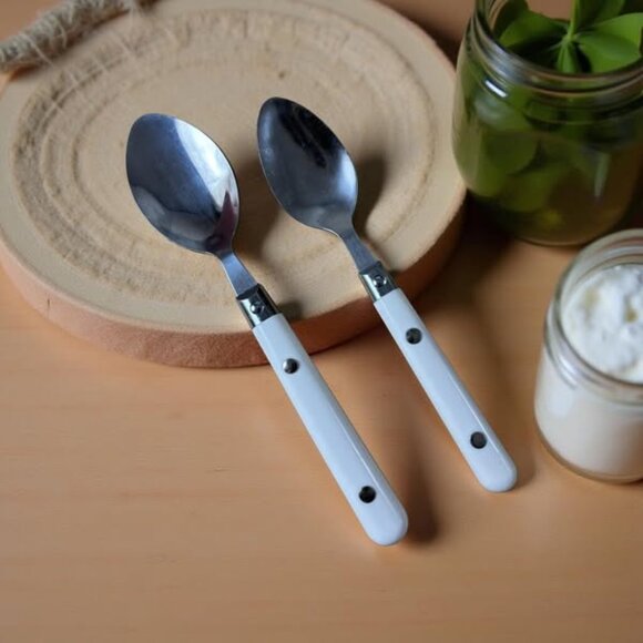 Vintage White Plastic Handle Flatware Set – 14 Pc Stainless Steel Rustic Cabin C - Picture 3 of 12